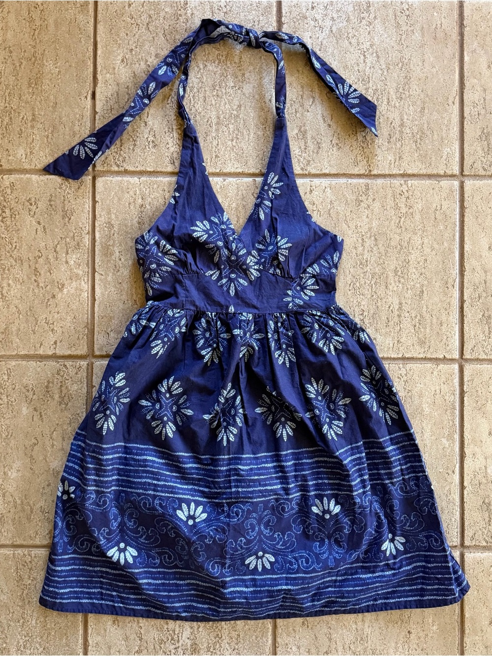 ModCloth Haute Happenstance Blue Floral‎ Shibori Fit & Flare Halter Dress Medium